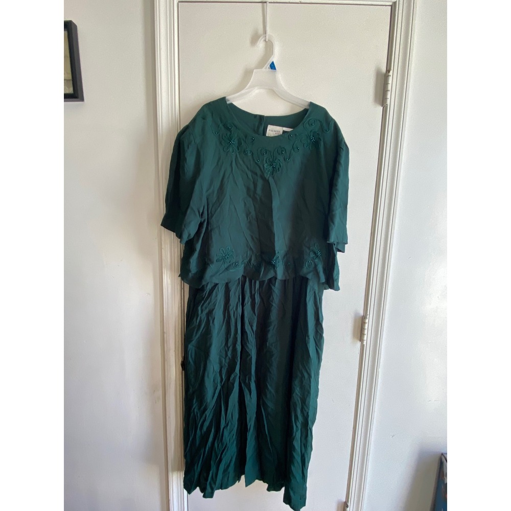 Vintage 1995 Halmode‎ Plus Emerald Green Beaded Floral Midi Dress Plus Size